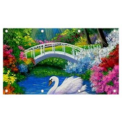 Swan Bird Spring Flowers Trees Lake Pond Landscape Original Aceo Painting Art Banner And Sign 7  X 4  by Ket1n9