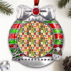 Pattern-christmas-patterns Metal X mas Ribbon With Red Crystal Round Ornament by Amaryn4rt