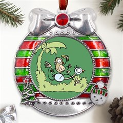 Ostrich Jungle Monkey Plants Metal X mas Ribbon With Red Crystal Round Ornament by Bajindul