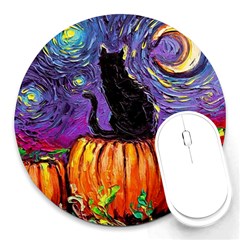 Halloween Art Starry Night Hallows Eve Black Cat Pumpkin Round Mousepad by Modalart