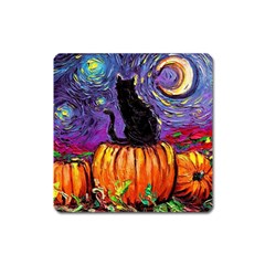 Halloween Art Starry Night Hallows Eve Black Cat Pumpkin Square Magnet by Modalart