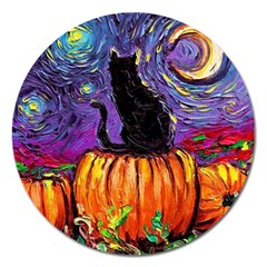 Halloween Art Starry Night Hallows Eve Black Cat Pumpkin Magnet 5  (round) by Modalart