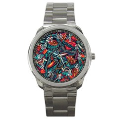 Vintage Tattoos Colorful Seamless Pattern Sport Metal Watch by Bedest