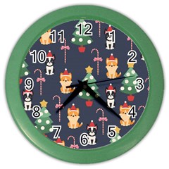 Boston Terrier Welsh Corgi Puppies Seamless Pattern Wallpaper Color Wall Clock by Pakjumat