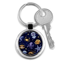 Marine Seamless Pattern Thin Line Memphis Style Key Chain (round) by Pakjumat