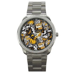 Boom Bang Art Crazy Drawing Graffiti Hello Retro Sayings Yellow Sport Metal Watch by Bedest