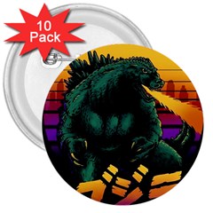 Godzilla Retrowave 3  Buttons (10 Pack)  by Cendanart