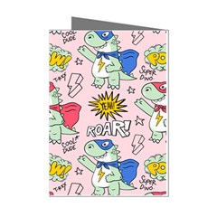 Seamless Pattern With Many Funny Cute Superhero Dinosaurs T-rex Mask Cloak With Comics Style Inscrip Mini Greeting Cards (pkg Of 8) by Ket1n9