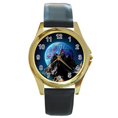 Aesthetic Psychedelic Drawings Art Acid Space Round Gold Metal Watch by Cendanart