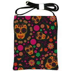 Skull Colorful Floral Flower Head Shoulder Sling Bag by Cemarart