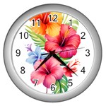 Hibiscus flowers on Wall Clock (Silver)