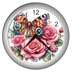 Flowers and butterfly on Wall Clock (Silver)