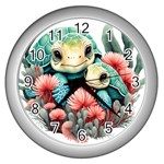 Mum and baby turtle on Wall Clock (Silver)