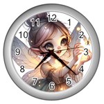 Fairy with fireflies on Wall Clock (Silver)