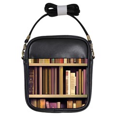 Books Bookshelves Office Fantasy Background Artwork Book Cover Apothecary Book Nook Literature Libra Girls Sling Bag by Posterlux