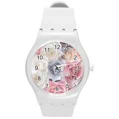 Pastel Rose  Flower Blue Pink White Round Plastic Sport Watch (m) by Cemarart