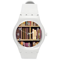 Books Bookshelves Office Fantasy Background Artwork Book Cover Apothecary Book Nook Literature Libra Round Plastic Sport Watch (m) by Posterlux