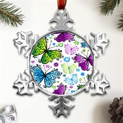 Butterflies, Abstract, Background, Colorful Metal Small Snowflake Ornament by kyorashop23