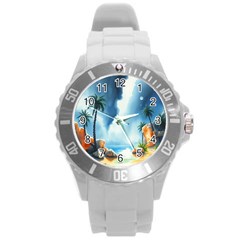 Delicate Watercolor Painting Surreal Oasis Scene With Intense Dramatic Lighting Round Plastic Sport Watch (l) by pollyparadiseartshop