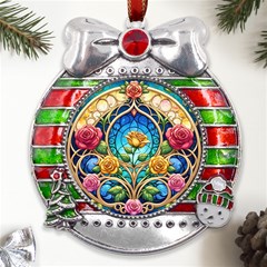 Roses Floral Stained Glass Vibrant Metal X mas Ribbon With Red Crystal Round Ornament by Grandong