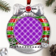 Purple Plaid Tartan 3 Diagonal (2) Metal X mas Ribbon With Red Crystal Round Ornament by dressshop