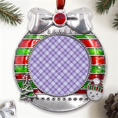 Purple Plaid Tartan 2 Diagonal Metal X mas Ribbon With Red Crystal Round Ornament by dressshop