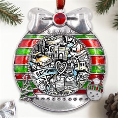 Doodle New York City Nyc Metal X mas Ribbon With Red Crystal Round Ornament by Salmanaz77