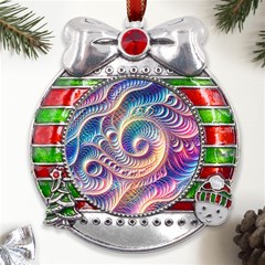 Abstract Fractal Art Swirl Pattern Metal X mas Ribbon With Red Crystal Round Ornament by Salmanaz77