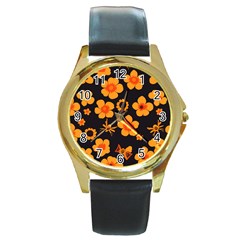 Retro 40s 50s Flowers Pattern Halloween Round Gold Metal Watch by violetheavensky